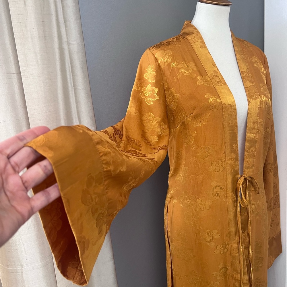 Silk-Texture Long Mustard tie front kimono